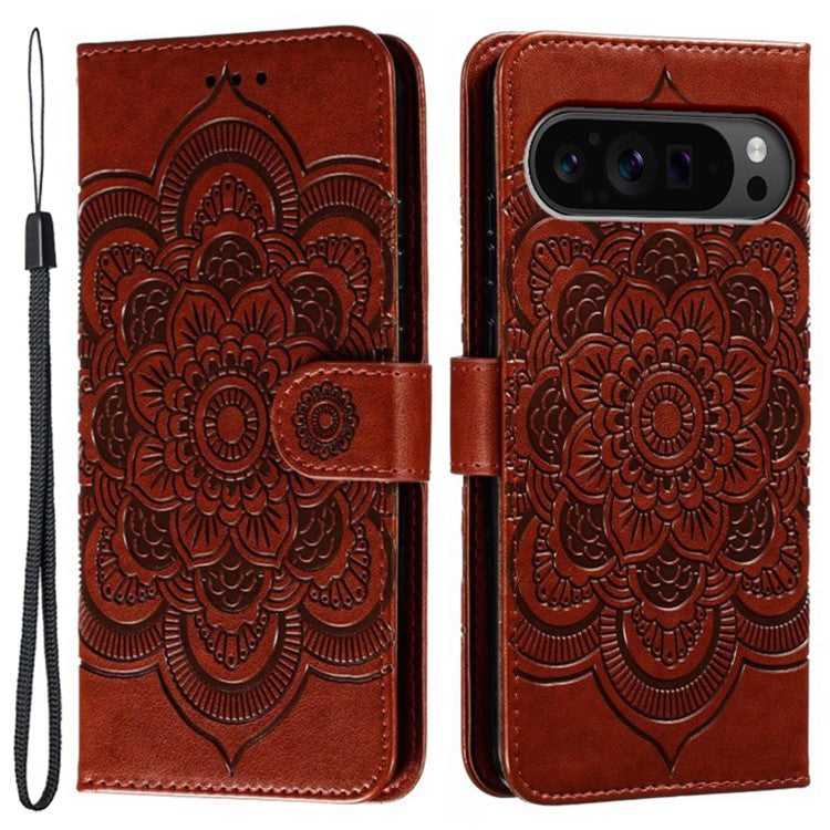 For Google Pixel 9 Pro XL Case PU Leather Mandala Imprinted Design Wallet Phone Cover - Brown