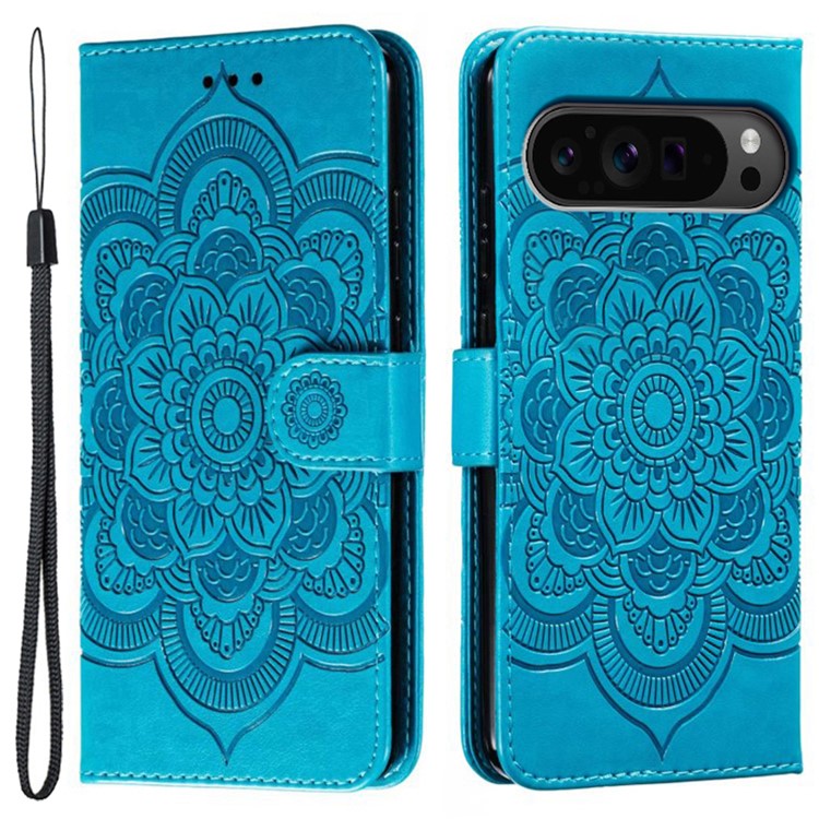 For Google Pixel 9 Pro XL Case PU Leather Mandala Imprinted Design Wallet Phone Cover - Blue