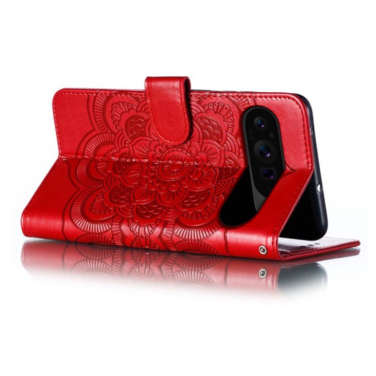 For Google Pixel 9 Pro XL Case PU Leather Mandala Imprinted Design Wallet Phone Cover - Red