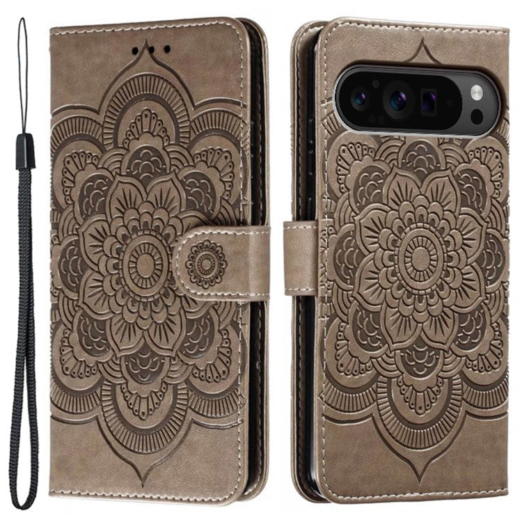 For Google Pixel 9 Pro XL Case PU Leather Mandala Imprinted Design Wallet Phone Cover - Grey