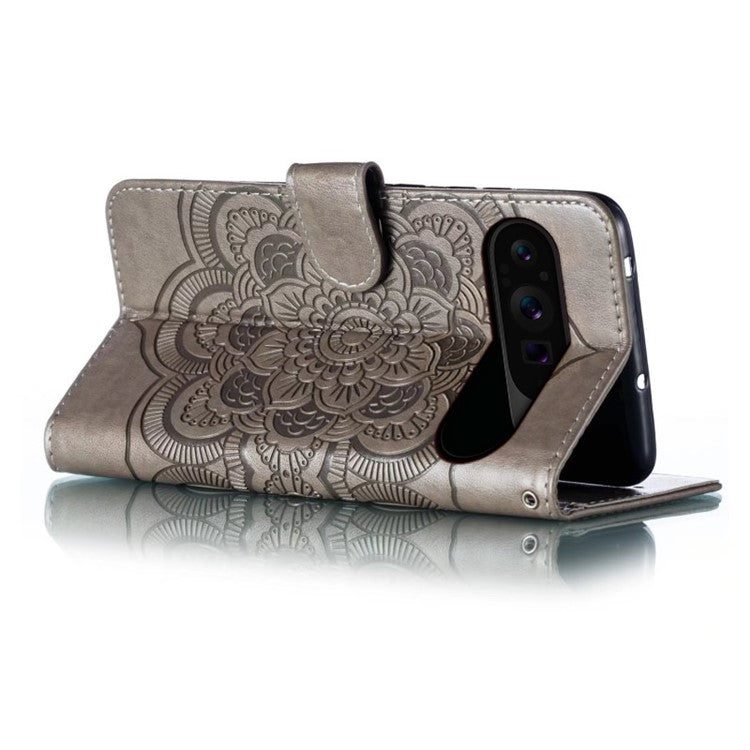 For Google Pixel 9 Pro XL Case PU Leather Mandala Imprinted Design Wallet Phone Cover - Grey