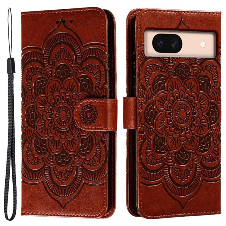 For Google Pixel 8a Case PU Leather Mandala Imprinted Design Wallet Phone Cover - Brown