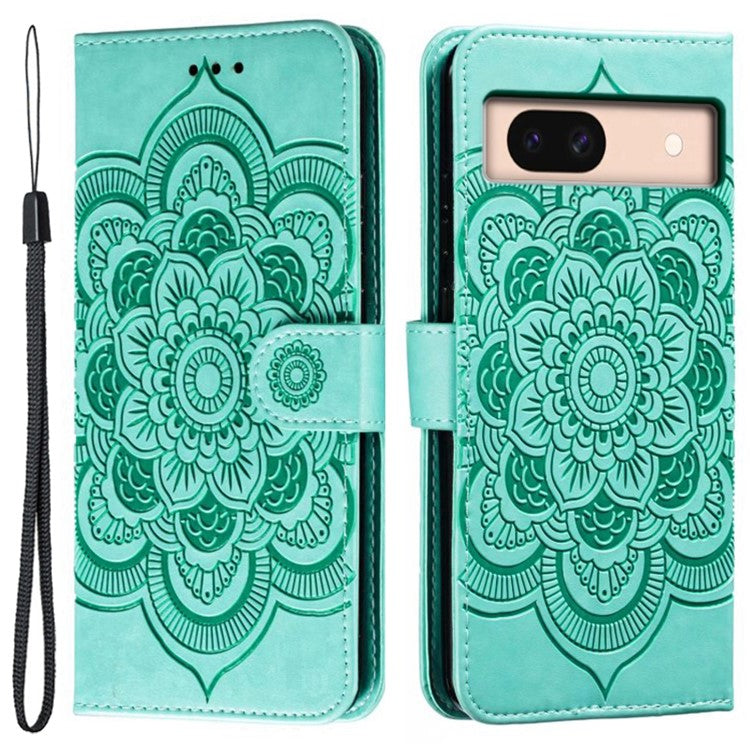 For Google Pixel 8a Case PU Leather Mandala Imprinted Design Wallet Phone Cover - Green