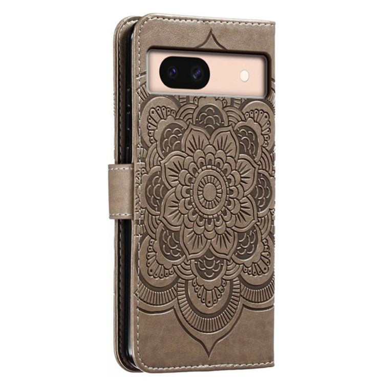For Google Pixel 8a Case PU Leather Mandala Imprinted Design Wallet Phone Cover - Grey