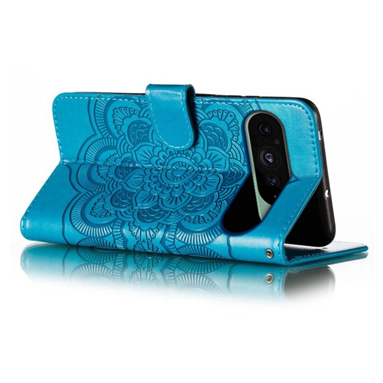 For Google Pixel 9 Pro / Pixel 9 Case PU Leather Mandala Imprinted Design Wallet Phone Cover - Blue