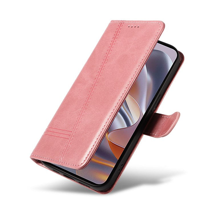 For Motorola Edge 50 Neo 5G / Moto S50 5G / Thinkphone 25 5G Case Flip Wallet T-Shape Lines Leather Phone Cover - Rose Gold