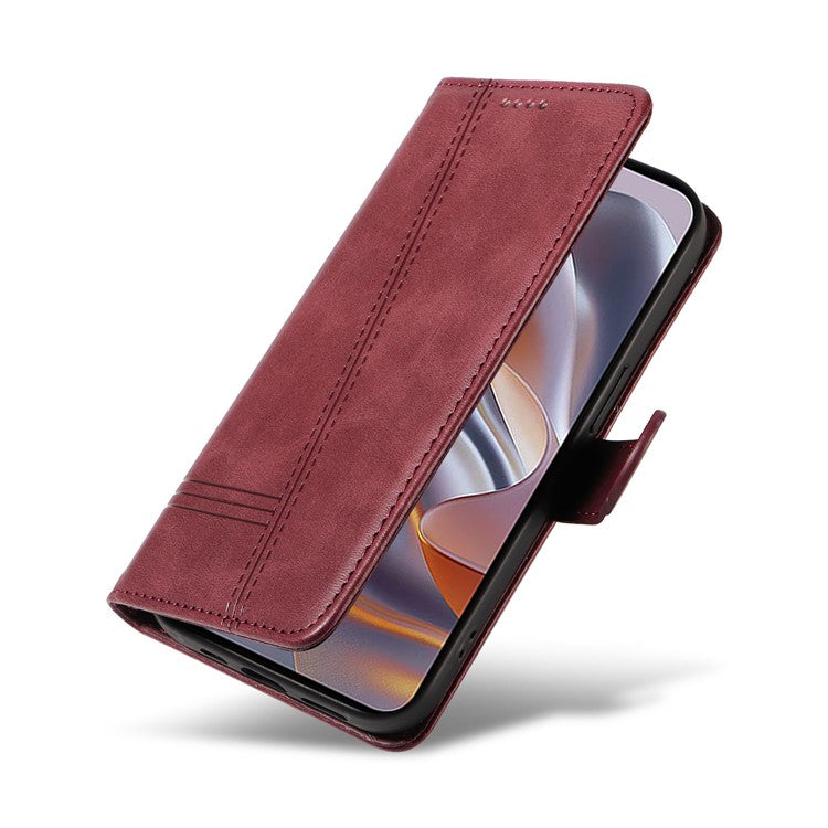 For Motorola Edge 50 Neo 5G / Moto S50 5G / Thinkphone 25 5G Case Flip Wallet T-Shape Lines Leather Phone Cover - Wine Red