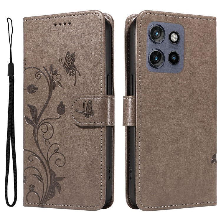 For Motorola Edge 50 Neo 5G / Moto S50 5G / Thinkphone 25 5G Case Flower Pattern PU Leather Wallet Phone Cover - Grey