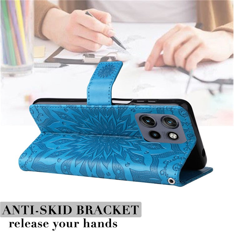KT Imprinting Flower Series-1 For Motorola Edge 50 Neo 5G / Moto S50 5G / Thinkphone 25 5G Case Sunflower Leather Wallet Phone Cover - Blue
