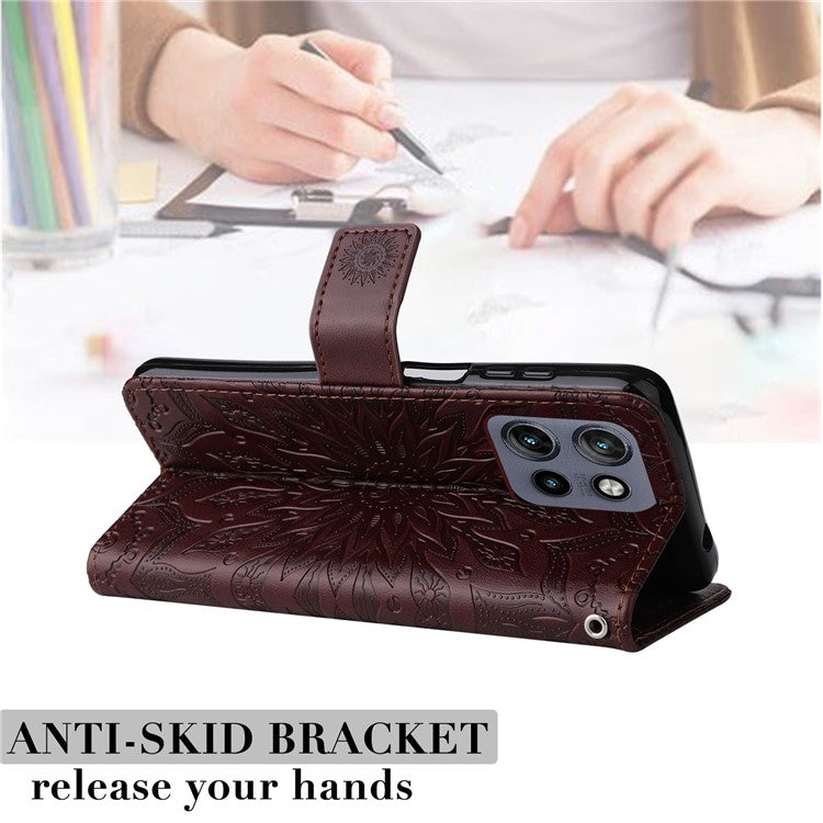 KT Imprinting Flower Series-1 For Motorola Edge 50 Neo 5G / Moto S50 5G / Thinkphone 25 5G Case Sunflower Leather Wallet Phone Cover - Brown
