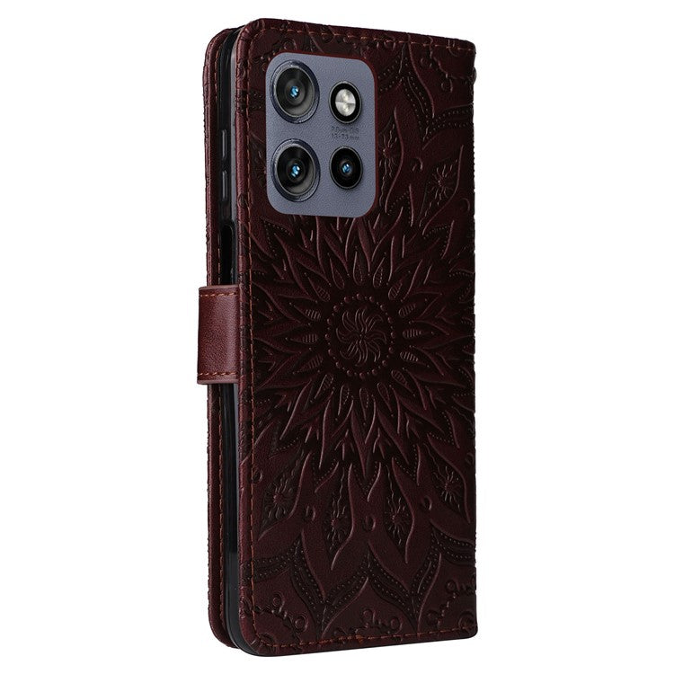 KT Imprinting Flower Series-1 For Motorola Edge 50 Neo 5G / Moto S50 5G / Thinkphone 25 5G Case Sunflower Leather Wallet Phone Cover - Brown