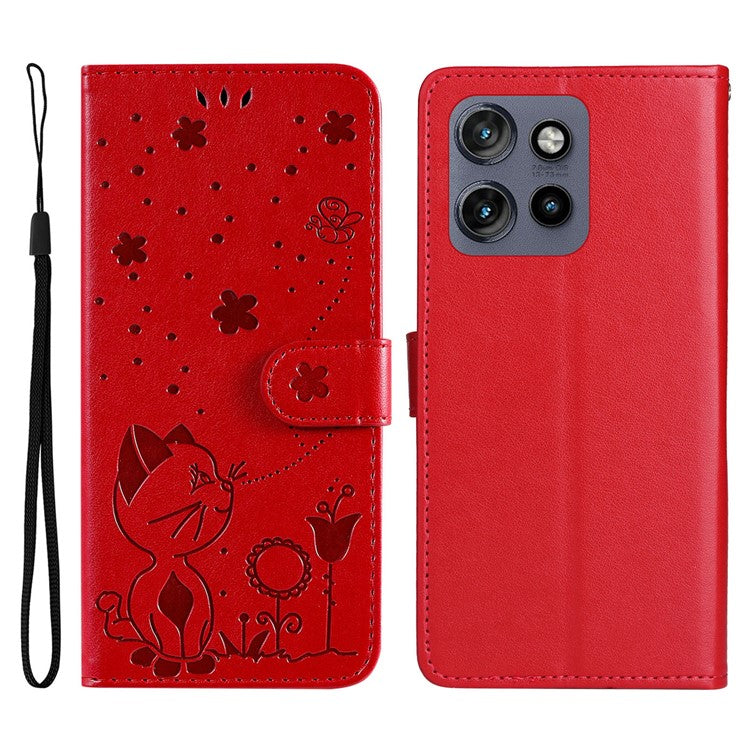 KT Imprinting Flower Series-4 For Motorola Edge 50 Neo 5G / Moto S50 5G / Thinkphone 25 5G Case Cat Bee Pattern Leather Phone Cover - Red