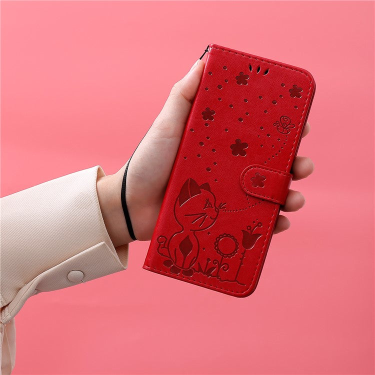 KT Imprinting Flower Series-4 For Motorola Edge 50 Neo 5G / Moto S50 5G / Thinkphone 25 5G Case Cat Bee Pattern Leather Phone Cover - Red
