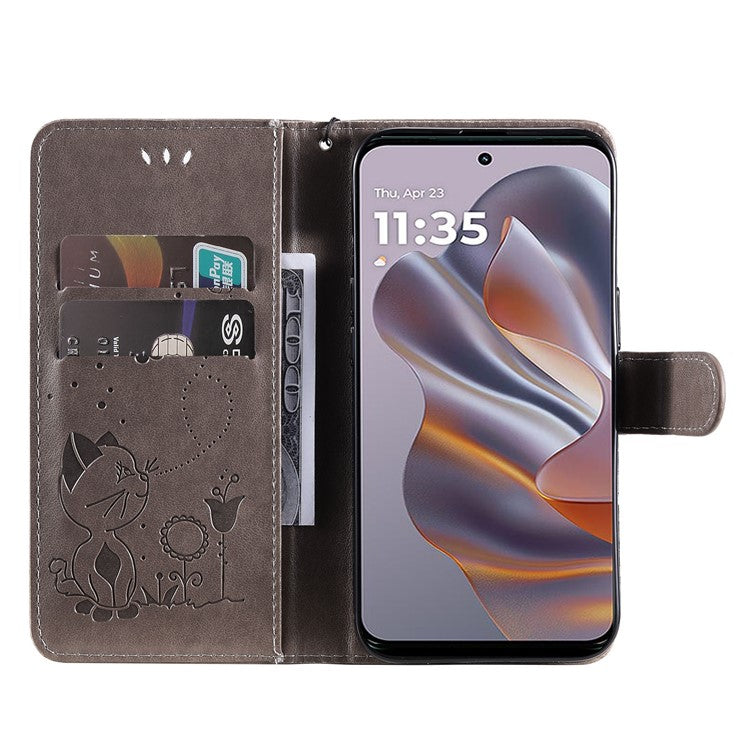KT Imprinting Flower Series-4 For Motorola Edge 50 Neo 5G / Moto S50 5G / Thinkphone 25 5G Case Cat Bee Pattern Leather Phone Cover - Grey