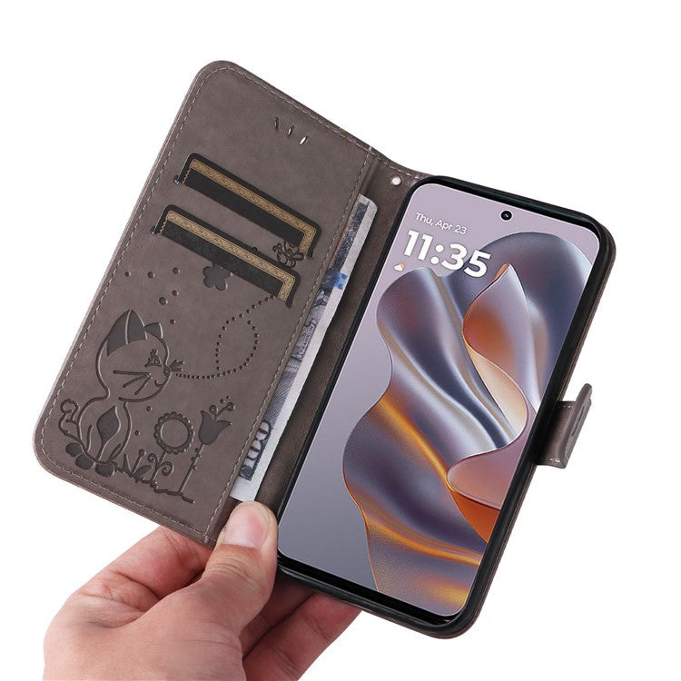 KT Imprinting Flower Series-4 For Motorola Edge 50 Neo 5G / Moto S50 5G / Thinkphone 25 5G Case Cat Bee Pattern Leather Phone Cover - Grey