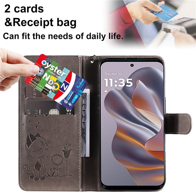 KT Imprinting Flower Series-4 For Motorola Edge 50 Neo 5G / Moto S50 5G / Thinkphone 25 5G Case Cat Bee Pattern Leather Phone Cover - Grey