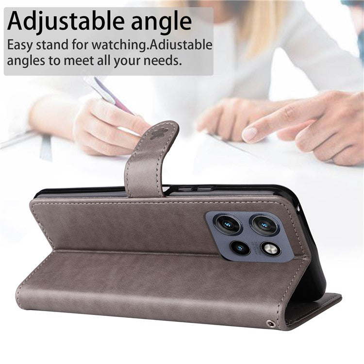 KT Imprinting Flower Series-4 For Motorola Edge 50 Neo 5G / Moto S50 5G / Thinkphone 25 5G Case Cat Bee Pattern Leather Phone Cover - Grey