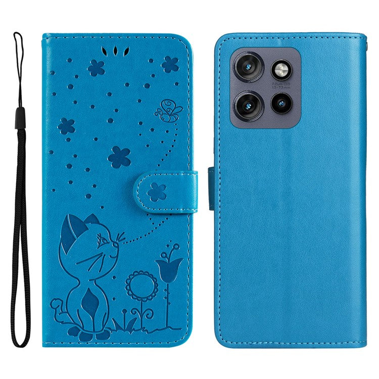 KT Imprinting Flower Series-4 For Motorola Edge 50 Neo 5G / Moto S50 5G / Thinkphone 25 5G Case Cat Bee Pattern Leather Phone Cover - Blue