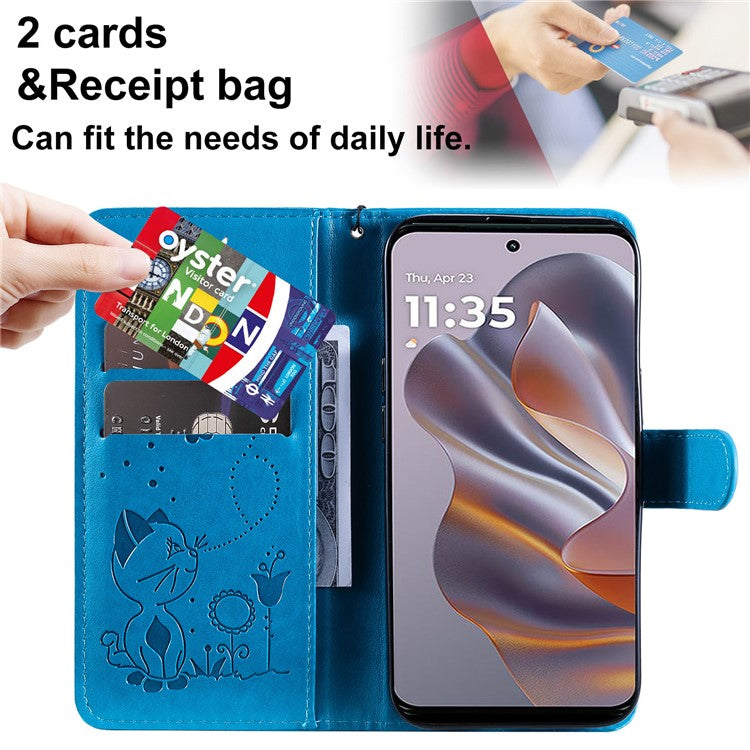 KT Imprinting Flower Series-4 For Motorola Edge 50 Neo 5G / Moto S50 5G / Thinkphone 25 5G Case Cat Bee Pattern Leather Phone Cover - Blue