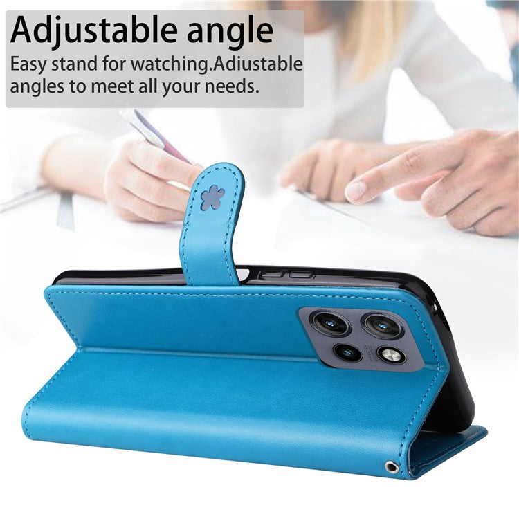 KT Imprinting Flower Series-4 For Motorola Edge 50 Neo 5G / Moto S50 5G / Thinkphone 25 5G Case Cat Bee Pattern Leather Phone Cover - Blue