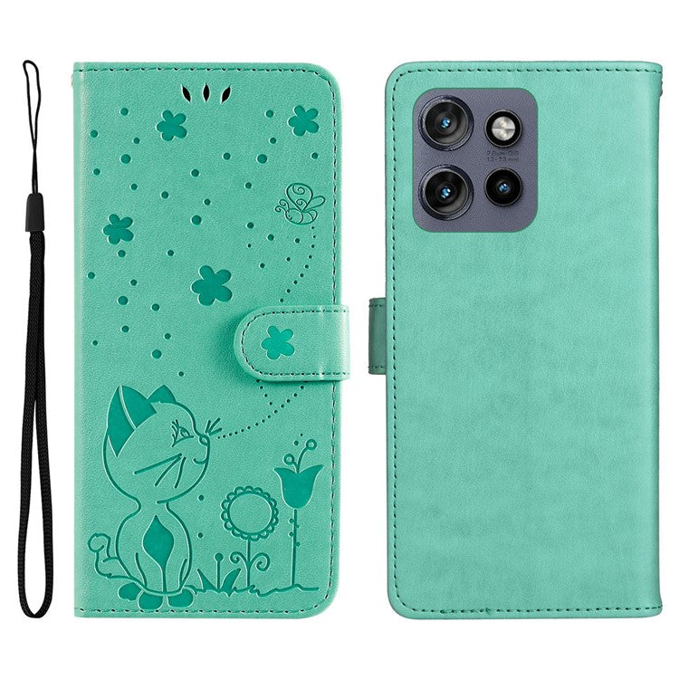 KT Imprinting Flower Series-4 For Motorola Edge 50 Neo 5G / Moto S50 5G / Thinkphone 25 5G Case Cat Bee Pattern Leather Phone Cover - Green