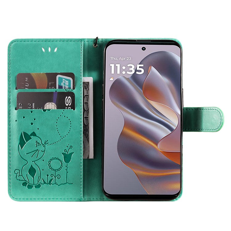 KT Imprinting Flower Series-4 For Motorola Edge 50 Neo 5G / Moto S50 5G / Thinkphone 25 5G Case Cat Bee Pattern Leather Phone Cover - Green