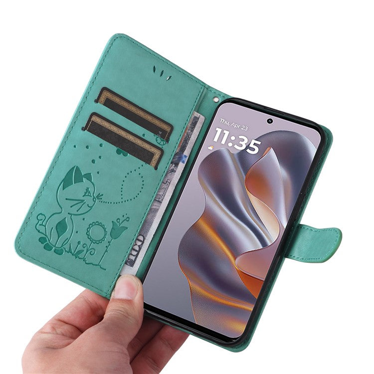KT Imprinting Flower Series-4 For Motorola Edge 50 Neo 5G / Moto S50 5G / Thinkphone 25 5G Case Cat Bee Pattern Leather Phone Cover - Green