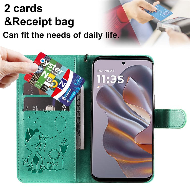 KT Imprinting Flower Series-4 For Motorola Edge 50 Neo 5G / Moto S50 5G / Thinkphone 25 5G Case Cat Bee Pattern Leather Phone Cover - Green