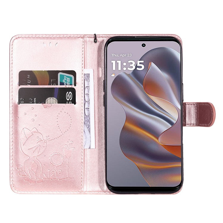 KT Imprinting Flower Series-4 For Motorola Edge 50 Neo 5G / Moto S50 5G / Thinkphone 25 5G Case Cat Bee Pattern Leather Phone Cover - Rose Gold