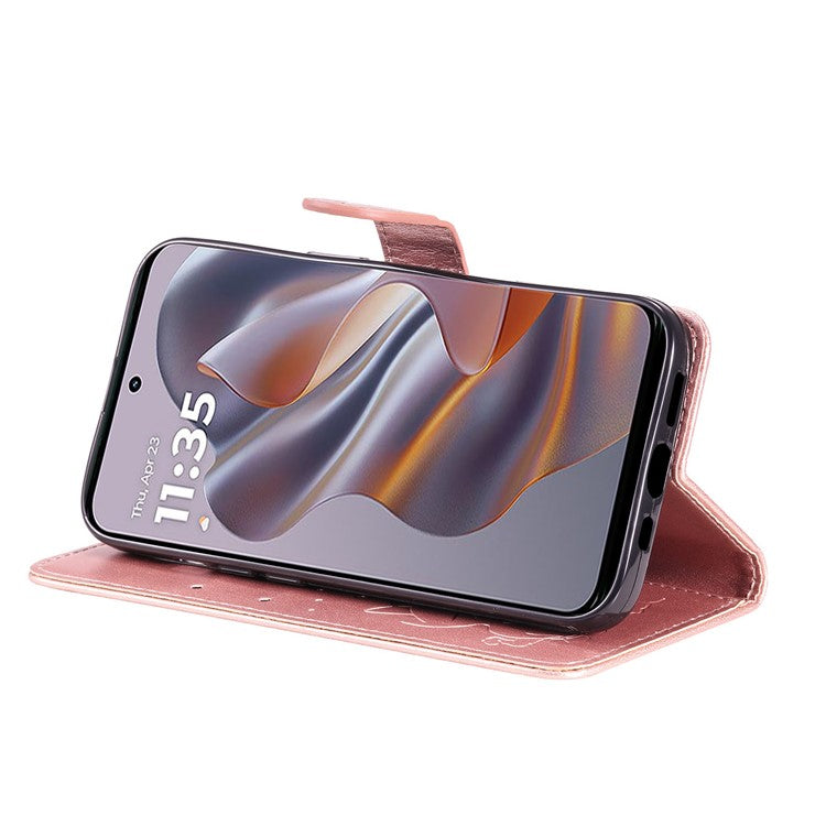 KT Imprinting Flower Series-4 For Motorola Edge 50 Neo 5G / Moto S50 5G / Thinkphone 25 5G Case Cat Bee Pattern Leather Phone Cover - Rose Gold