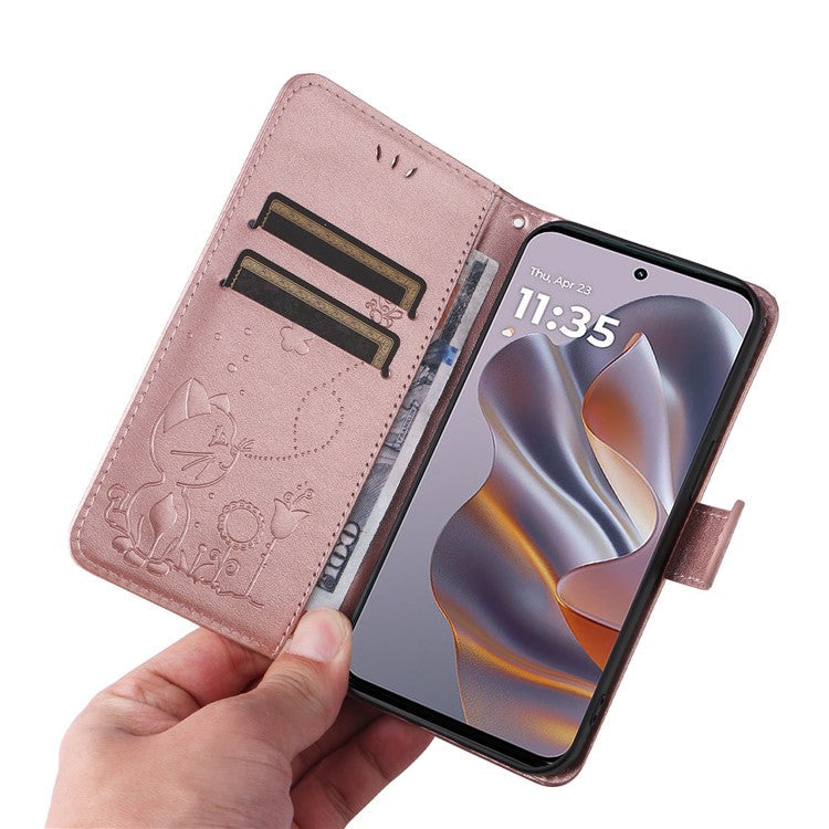 KT Imprinting Flower Series-4 For Motorola Edge 50 Neo 5G / Moto S50 5G / Thinkphone 25 5G Case Cat Bee Pattern Leather Phone Cover - Rose Gold