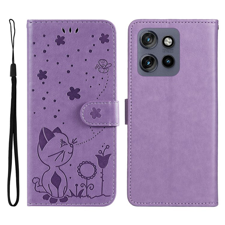 KT Imprinting Flower Series-4 For Motorola Edge 50 Neo 5G / Moto S50 5G / Thinkphone 25 5G Case Cat Bee Pattern Leather Phone Cover - Light Purple