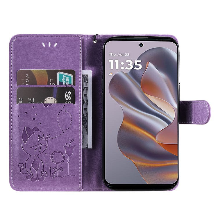 KT Imprinting Flower Series-4 For Motorola Edge 50 Neo 5G / Moto S50 5G / Thinkphone 25 5G Case Cat Bee Pattern Leather Phone Cover - Light Purple
