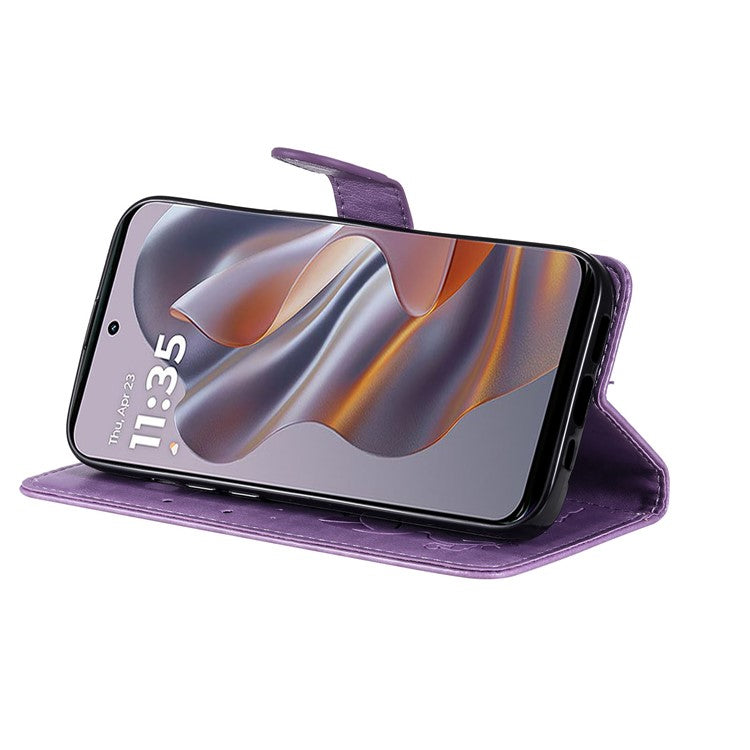 KT Imprinting Flower Series-4 For Motorola Edge 50 Neo 5G / Moto S50 5G / Thinkphone 25 5G Case Cat Bee Pattern Leather Phone Cover - Light Purple