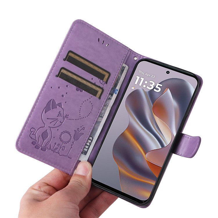 KT Imprinting Flower Series-4 For Motorola Edge 50 Neo 5G / Moto S50 5G / Thinkphone 25 5G Case Cat Bee Pattern Leather Phone Cover - Light Purple