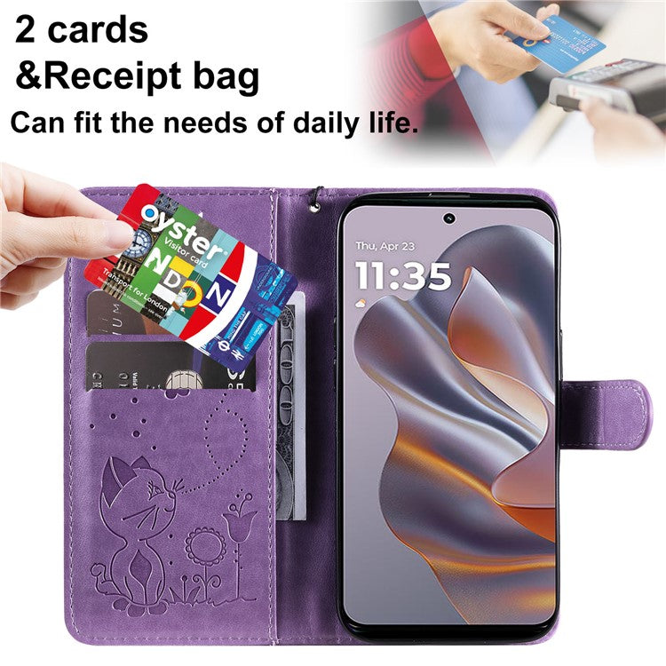 KT Imprinting Flower Series-4 For Motorola Edge 50 Neo 5G / Moto S50 5G / Thinkphone 25 5G Case Cat Bee Pattern Leather Phone Cover - Light Purple
