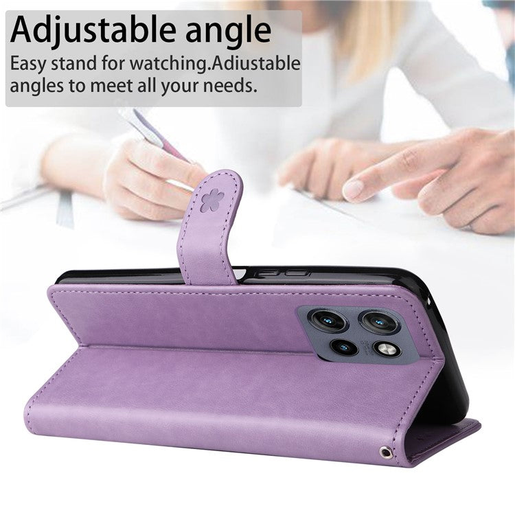 KT Imprinting Flower Series-4 For Motorola Edge 50 Neo 5G / Moto S50 5G / Thinkphone 25 5G Case Cat Bee Pattern Leather Phone Cover - Light Purple