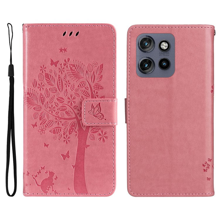 KT Imprinting Flower Series-3 For Motorola Edge 50 Neo 5G Case Cat Tree Pattern Flip Leather Phone Cover - Pink