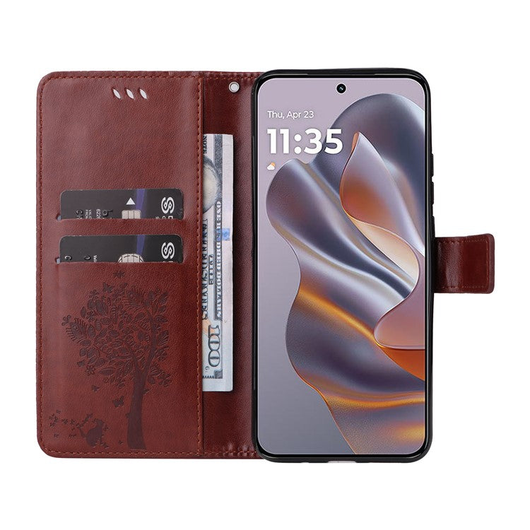 KT Imprinting Flower Series-3 For Motorola Edge 50 Neo 5G Case Cat Tree Pattern Flip Leather Phone Cover - Coffee