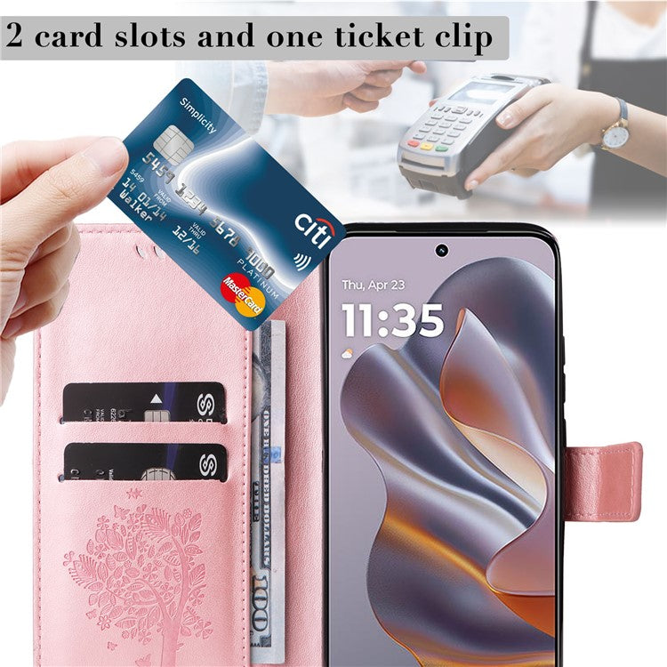 KT Imprinting Flower Series-3 For Motorola Edge 50 Neo 5G Case Cat Tree Pattern Flip Leather Phone Cover - Rose Gold