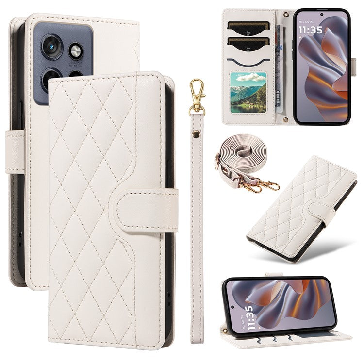 For Motorola Edge 50 Neo 5G / Moto S50 5G / Thinkphone 25 5G Case Wallet Rhombus Leather Phone Cover with Shoulder Strap, Wrist Strap - White