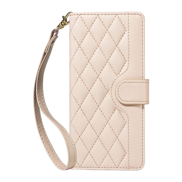 For Motorola Edge 50 Neo 5G / Moto S50 5G / Thinkphone 25 5G Case Wallet Rhombus Leather Phone Cover with Shoulder Strap, Wrist Strap - Apricot