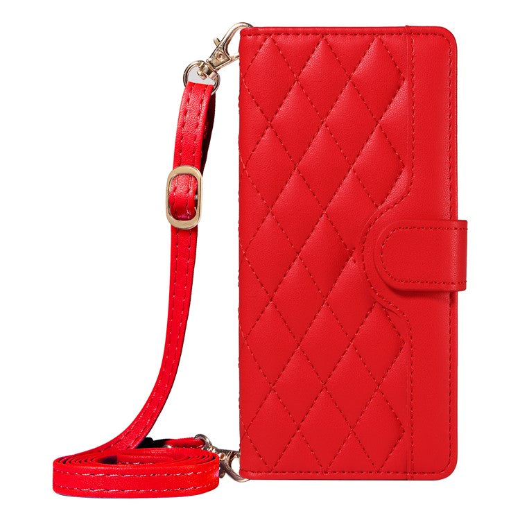 For Motorola Edge 50 Neo 5G / Moto S50 5G / Thinkphone 25 5G Case Wallet Rhombus Leather Phone Cover with Shoulder Strap, Wrist Strap - Red