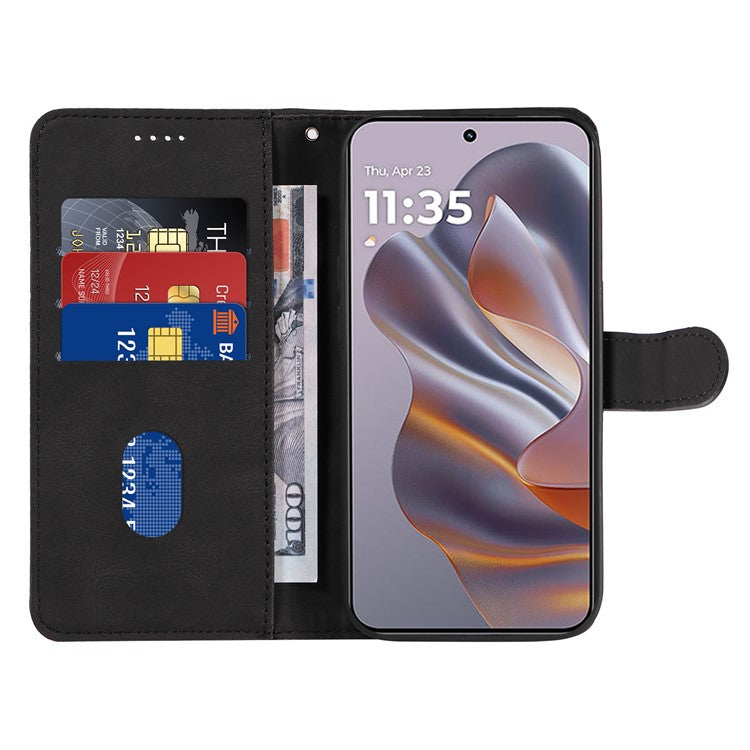 For Motorola Edge 50 Neo 5G Case Stand Wallet Leather Phone Cover Curved Line Wrist Strap - Black