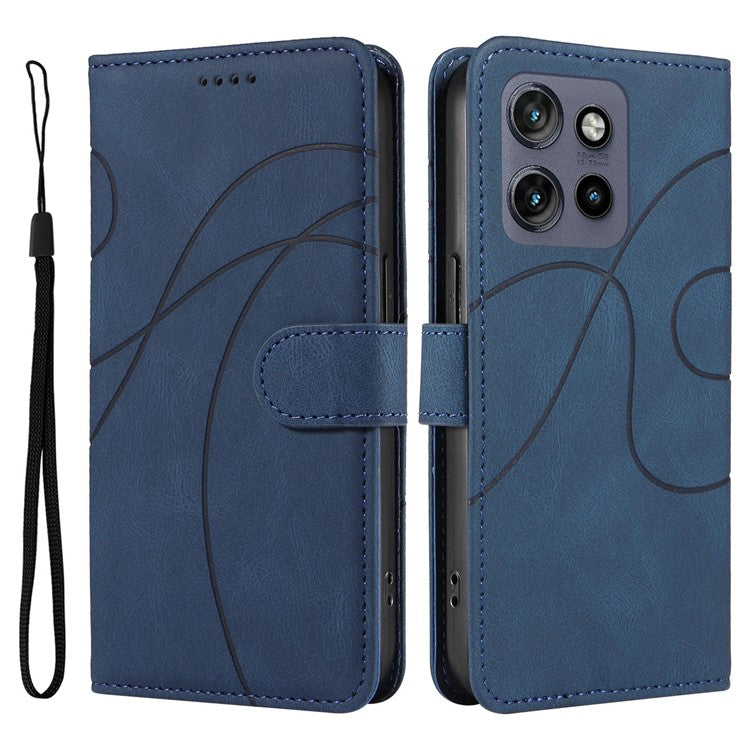 For Motorola Edge 50 Neo 5G Case Stand Wallet Leather Phone Cover Curved Line Wrist Strap - Blue