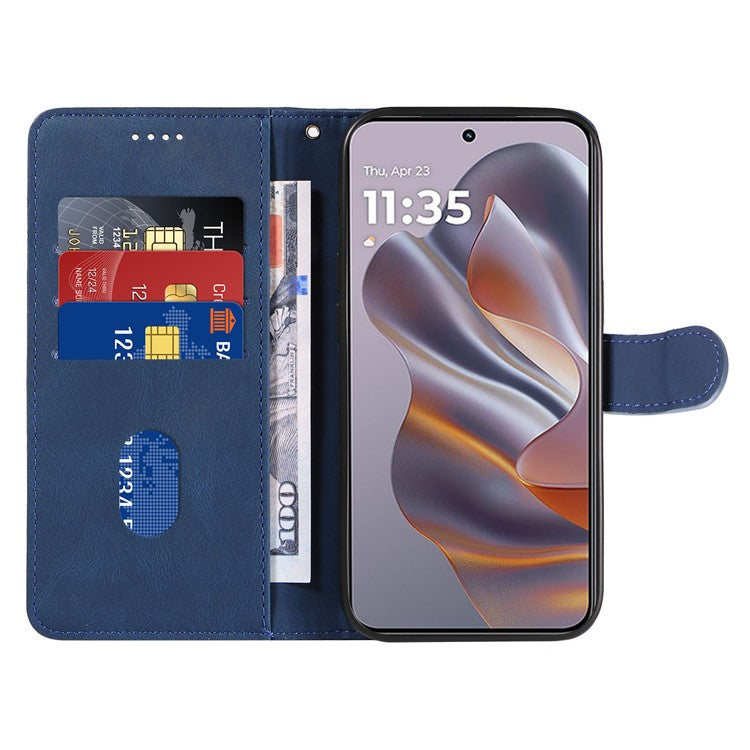 For Motorola Edge 50 Neo 5G Case Stand Wallet Leather Phone Cover Curved Line Wrist Strap - Blue