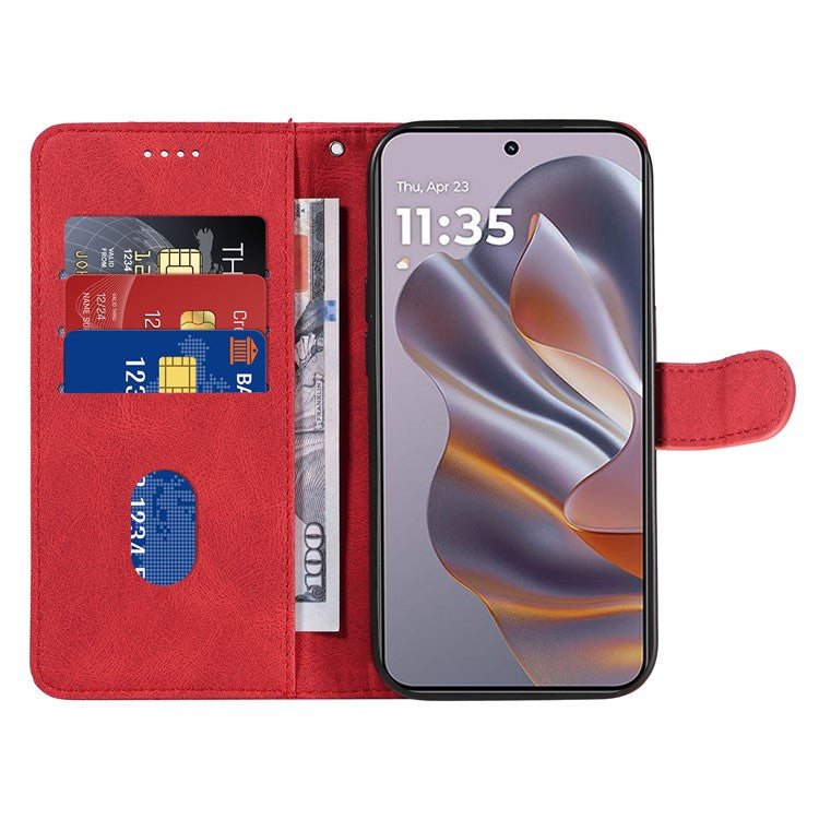For Motorola Edge 50 Neo 5G Case Stand Wallet Leather Phone Cover Curved Line Wrist Strap - Red