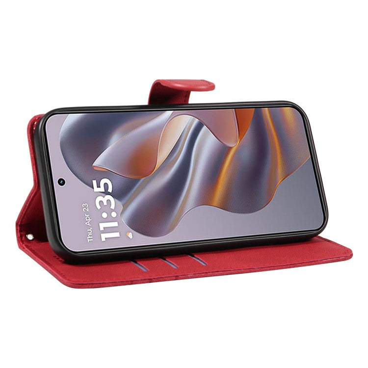For Motorola Edge 50 Neo 5G Case Stand Wallet Leather Phone Cover Curved Line Wrist Strap - Red