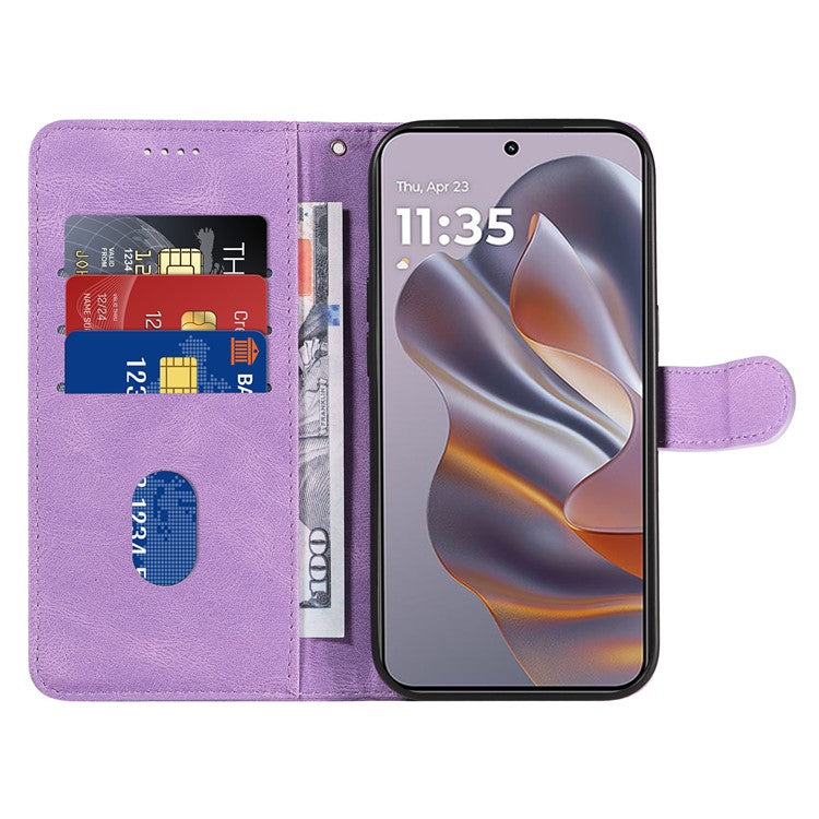 For Motorola Edge 50 Neo 5G Case Stand Wallet Leather Phone Cover Curved Line Wrist Strap - Purple
