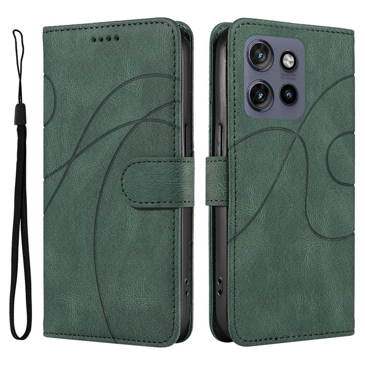 For Motorola Edge 50 Neo 5G Case Stand Wallet Leather Phone Cover Curved Line Wrist Strap - Green